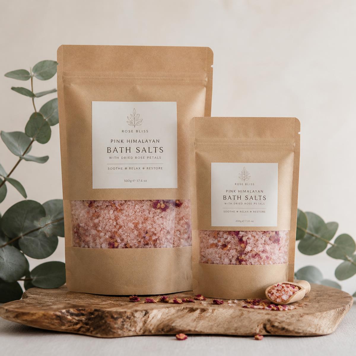 Handmade bath salts in kraft pouches with rose petals