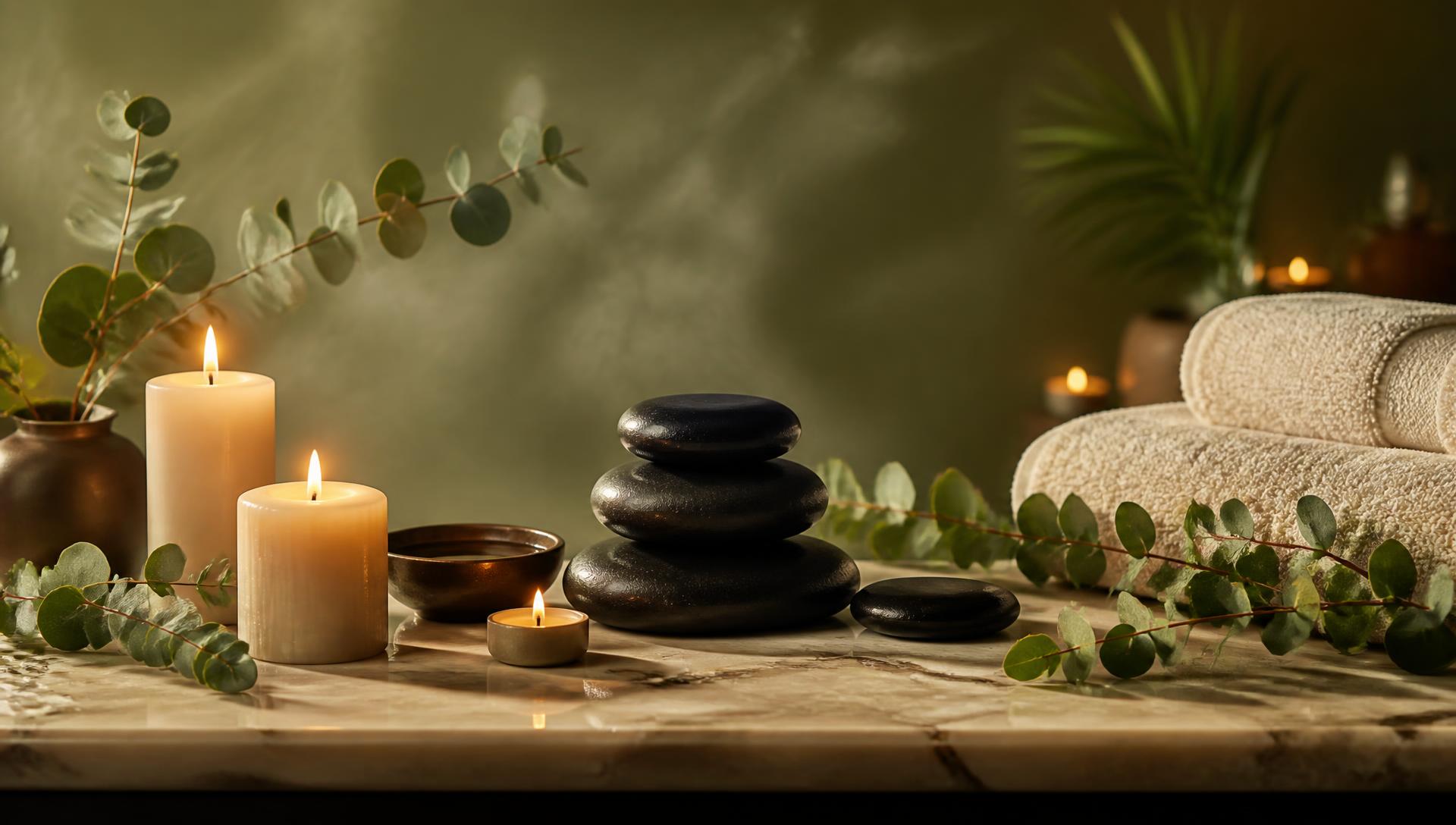 Spa candles, massage stones and towels